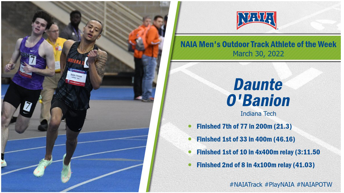 Indiana Tech's O'Banion Named NAIA Men's Outdoor Track Athlete of the Week