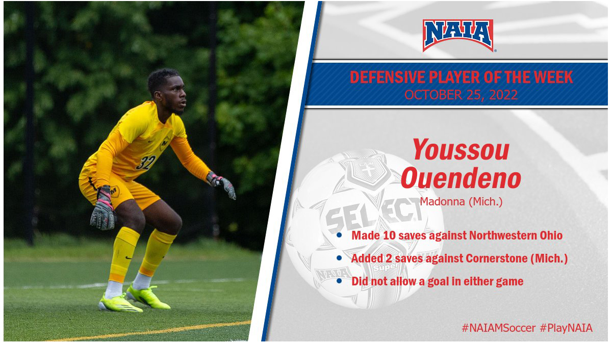 Madonna's Ouendeno named National Men's Soccer Defensive Player of the Week