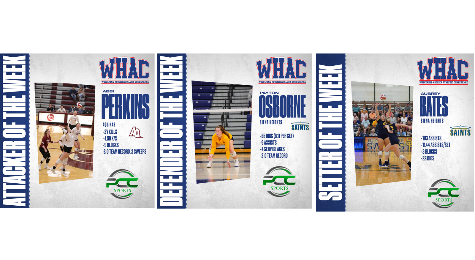 Perkins, Bates and Osborne Earn Final WHAC Weekly Volleyball Awards